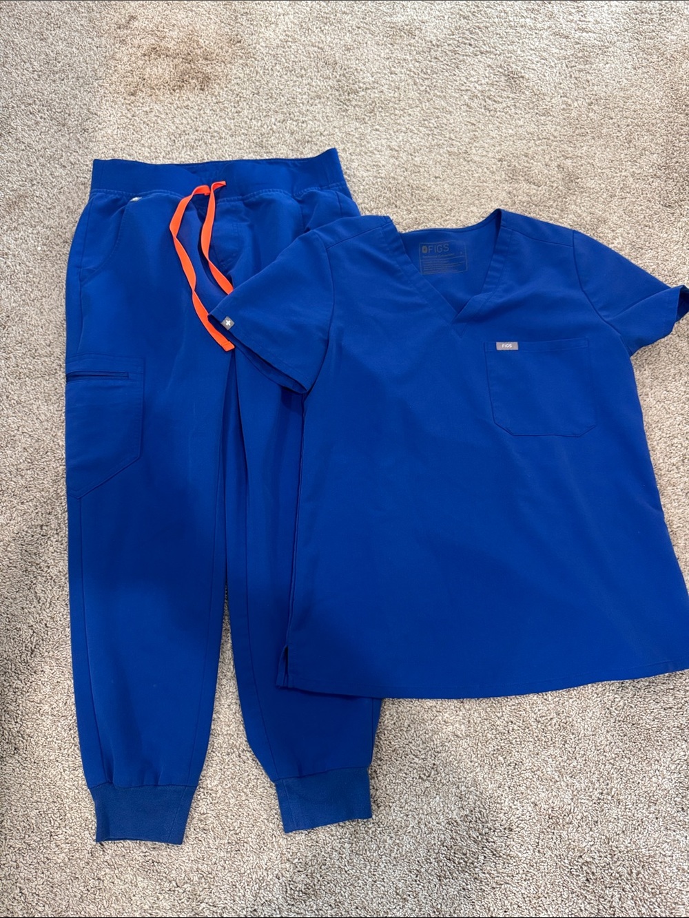 Figs Blue Scrub Top and Jogger Pants with Orange Drawstring, Small/SP